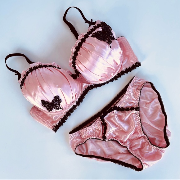Pink Satin Black Lace Bra and Panties Set - Picture 1 of 16